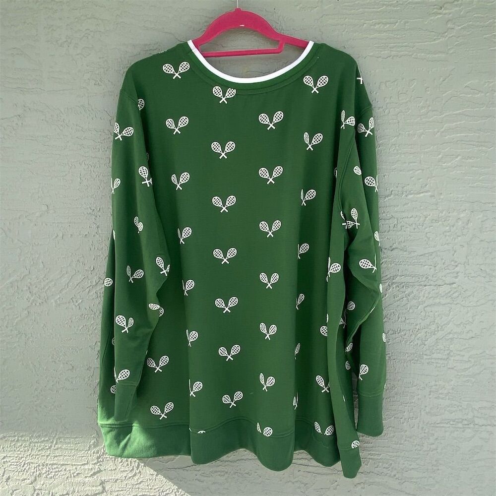 Jane + Delancey Women's 2X Green Tennis Racquet Print Sweatshirt